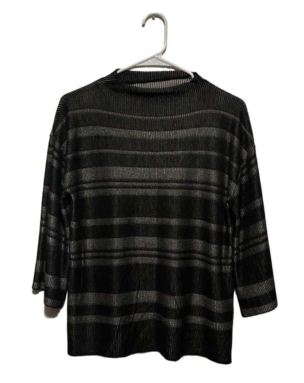 St. John Striped Sweater Top Black Silver Metallic